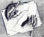 Escher work 'Drawing Hands' - two hands each drawing the other