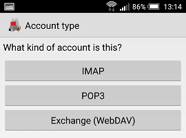Email client asking account type (IMAP/POP32/Exchange)