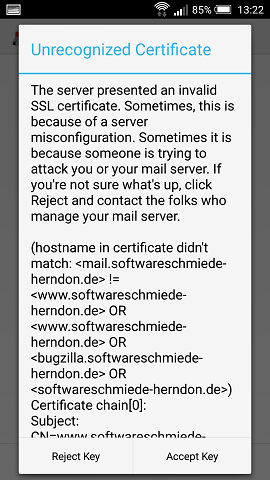 Email client: invalid certificate