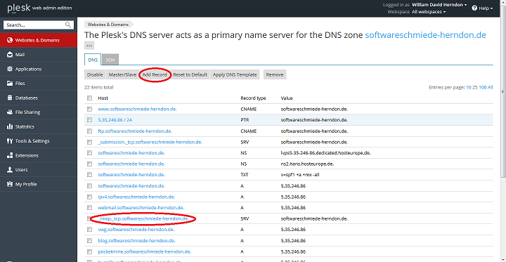 Plesk DNS Settings with Add Record circled and IMAP SRV record circled