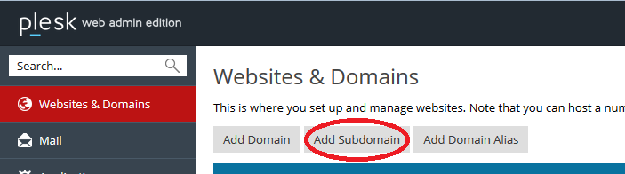 Plesk Desktop with 'Add Subdomain' button circled