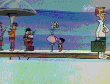 Cartoon GIF of a man setting a briefcase down, it folding out to a flying car, him hopping in and flying away